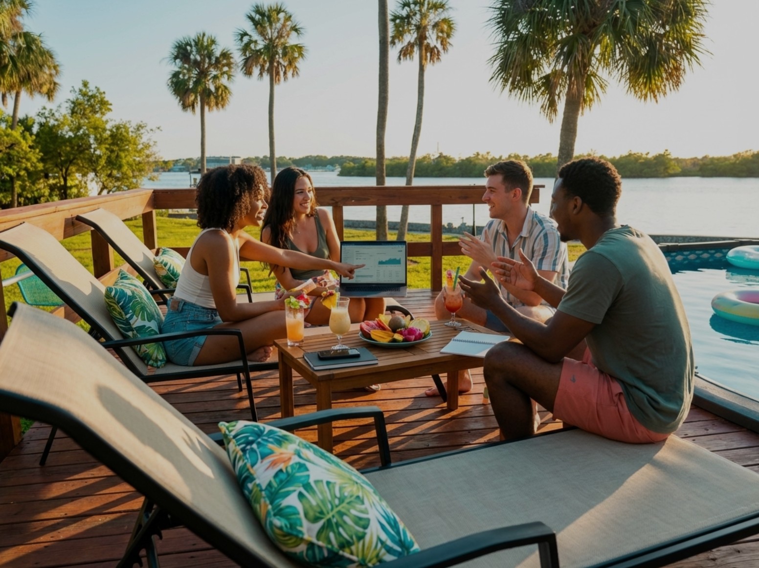 Property owners reviewing STR revenue data by the pool